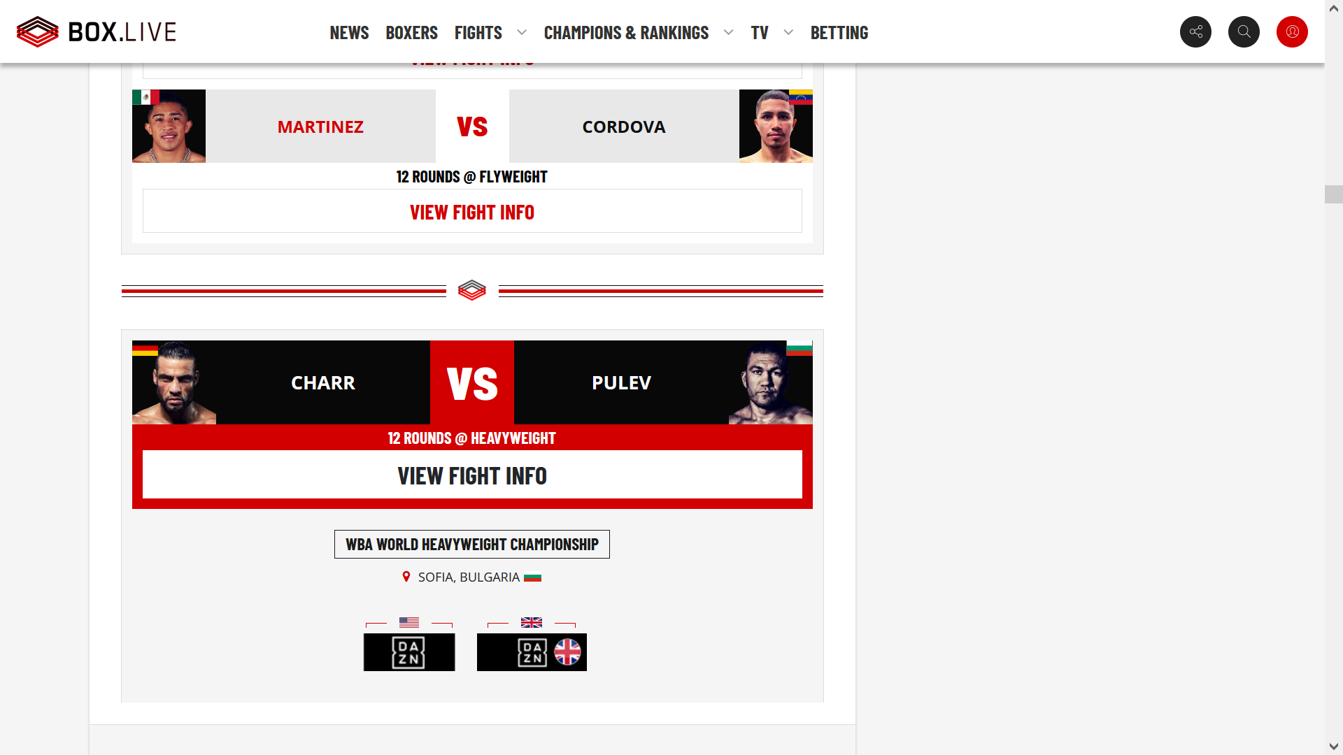 A screenshot of box.live showing Martinez-Cordova listed as "12 rounds @ flyweight" and Charr-Pulev as being for the "WBA world heavyweight championship". One of the prominent tabs at the top is "Betting".