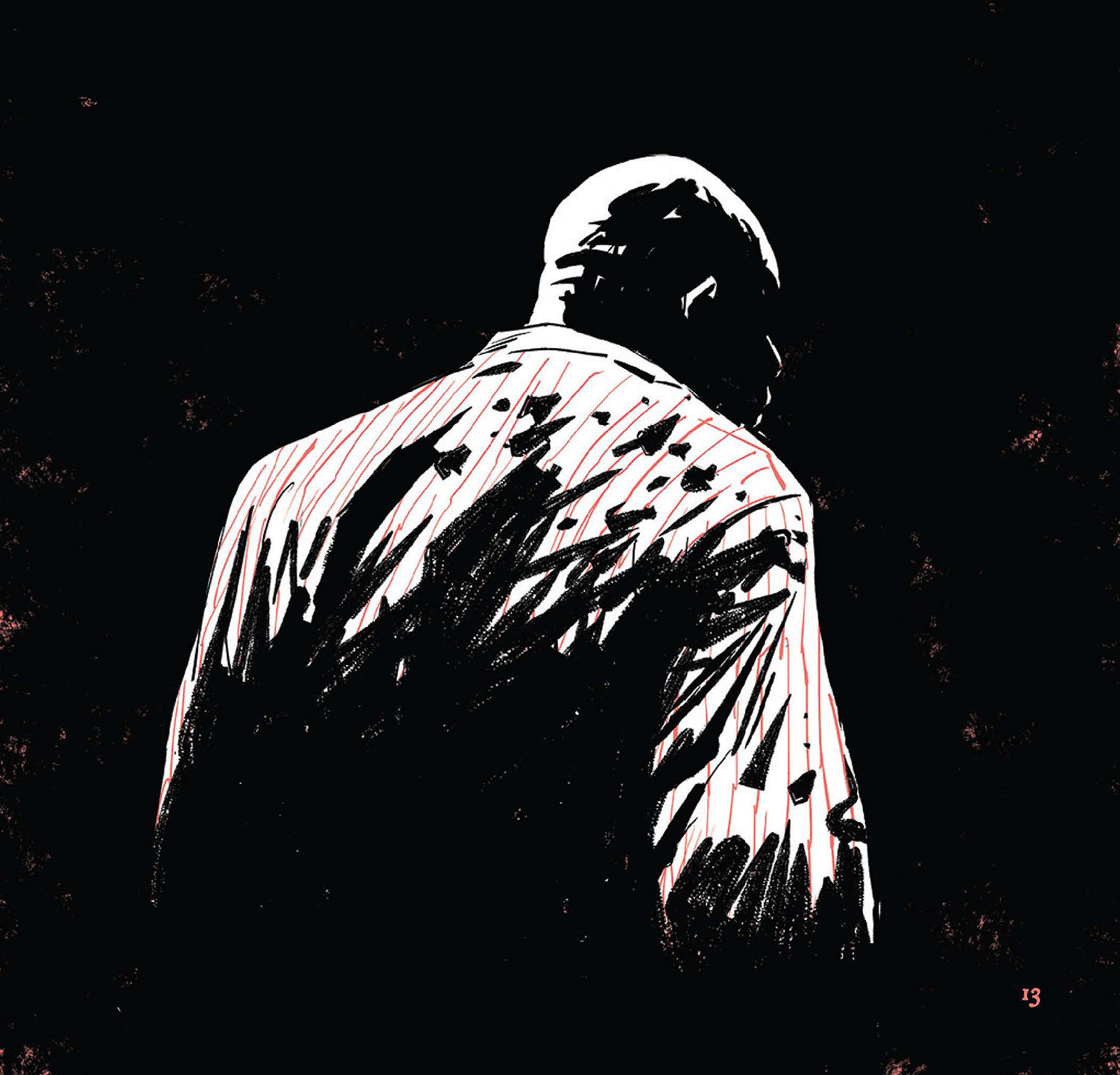 A dramatic, shadowy drawing of Jack Johnson seen from behind.