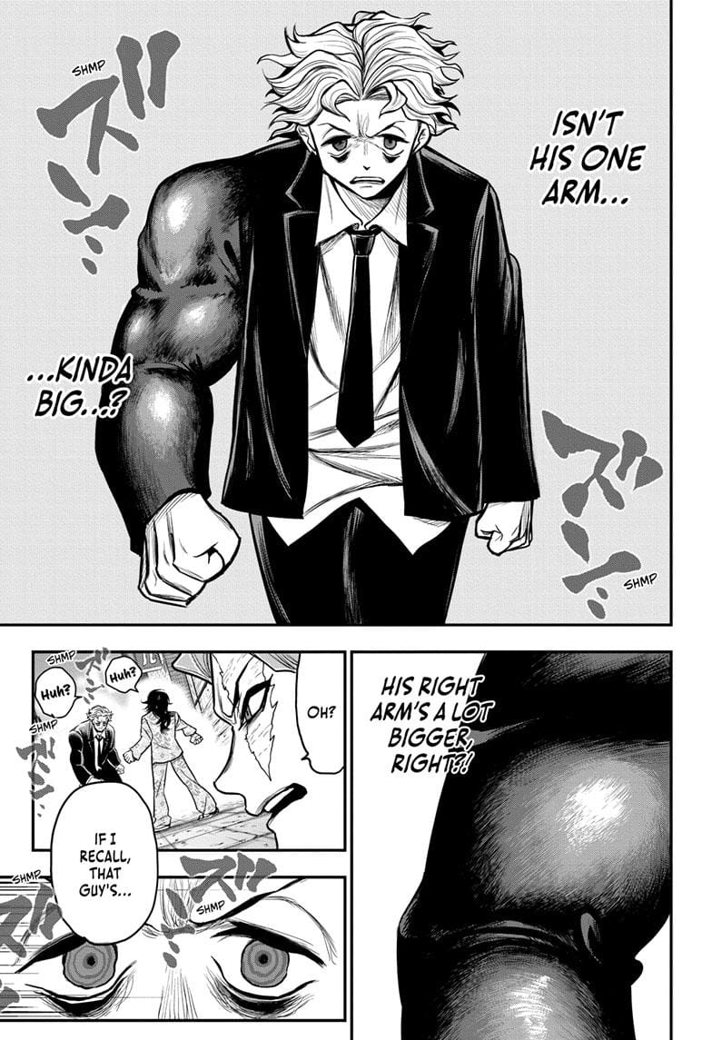 A page where a manga character has a comically large right arm - the text says "Isn't his one arm kinda big? His right arm's a lot bigger, right?!"