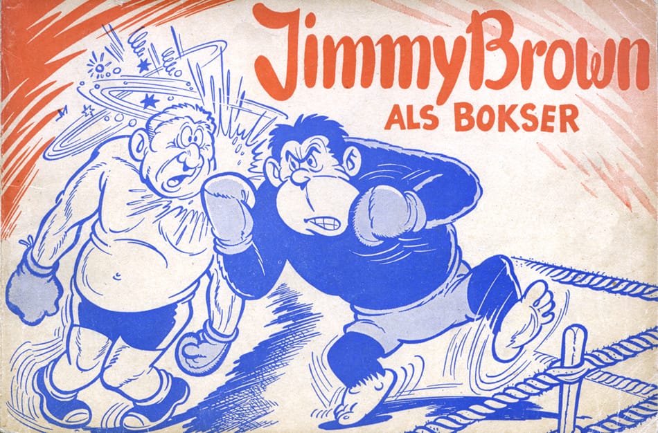 The cover of "Jimmy Brown Als Bokser", an ape-like creature is knocking out a man-like European