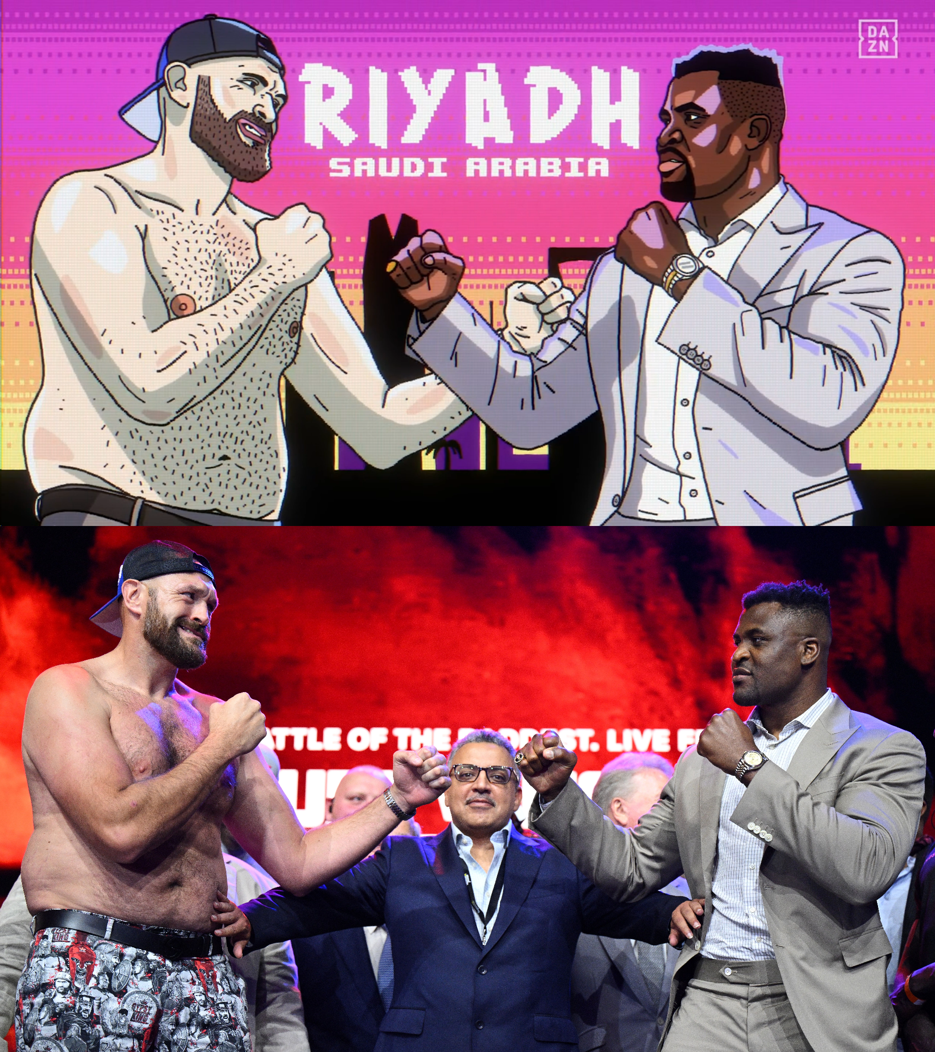 a "pixel-art" version of Ngannou and a cursed Fury compared witht the photograph used for reference