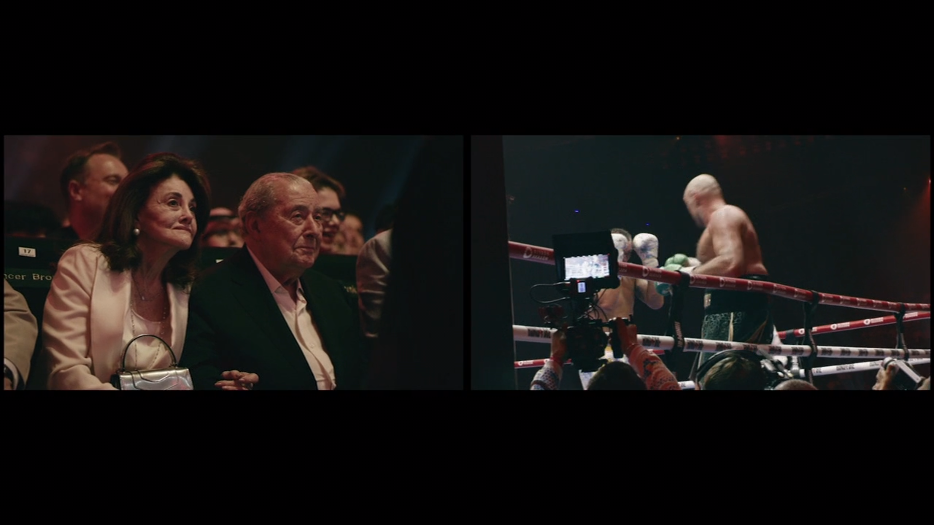 A splitscreen of Bob Arum (with, I presume, his wife) watching the fight from ringside, the other picture is the fight from seen from outside the ropes, as though it's Arum's POV.