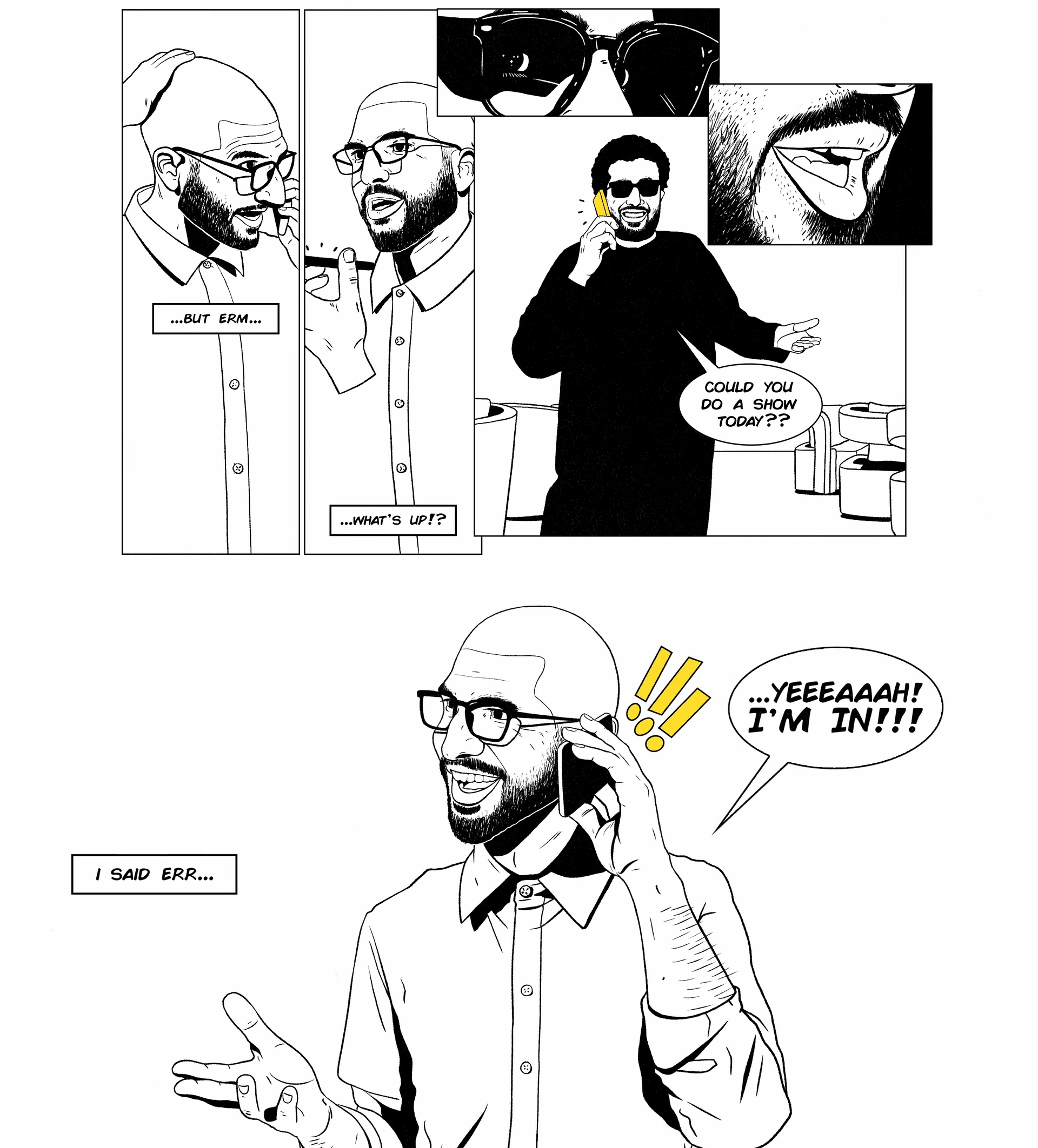 A comic style recap of Ariel Helwani getting a phonecall from Turki Alalshikh asking him if he can do a show today, to which Ariel enthusiastically agrees.