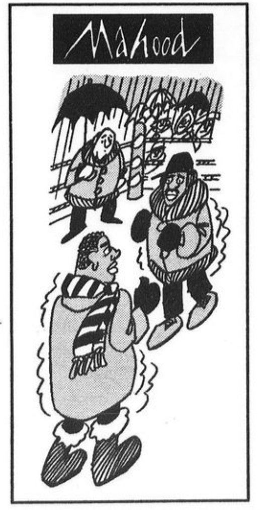 A 1993 newspaper cartoon by Ken Mahood where two caricaturised black boxers are wearing winter coats, winter boots, scarves, hats etc. The referee and others in the background are holding umbrellas as rain pours down.