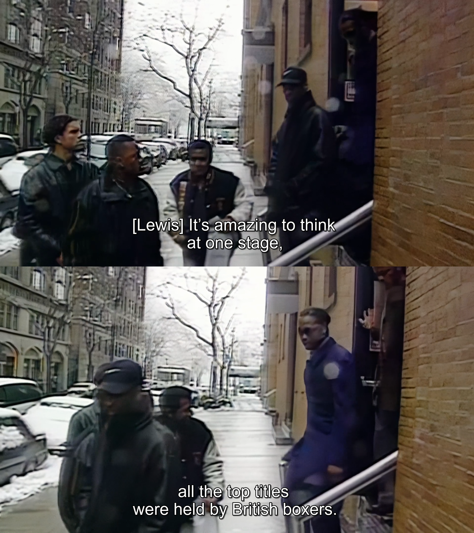 A screenshot of Lennox Lewis walking out of some New York building in some 90s winter, it's very obviously AI upscaled and looks worse the more you look at it, he's subtitled as saying "It's amazing to think at one stage, all the top titles were held by British boxers."