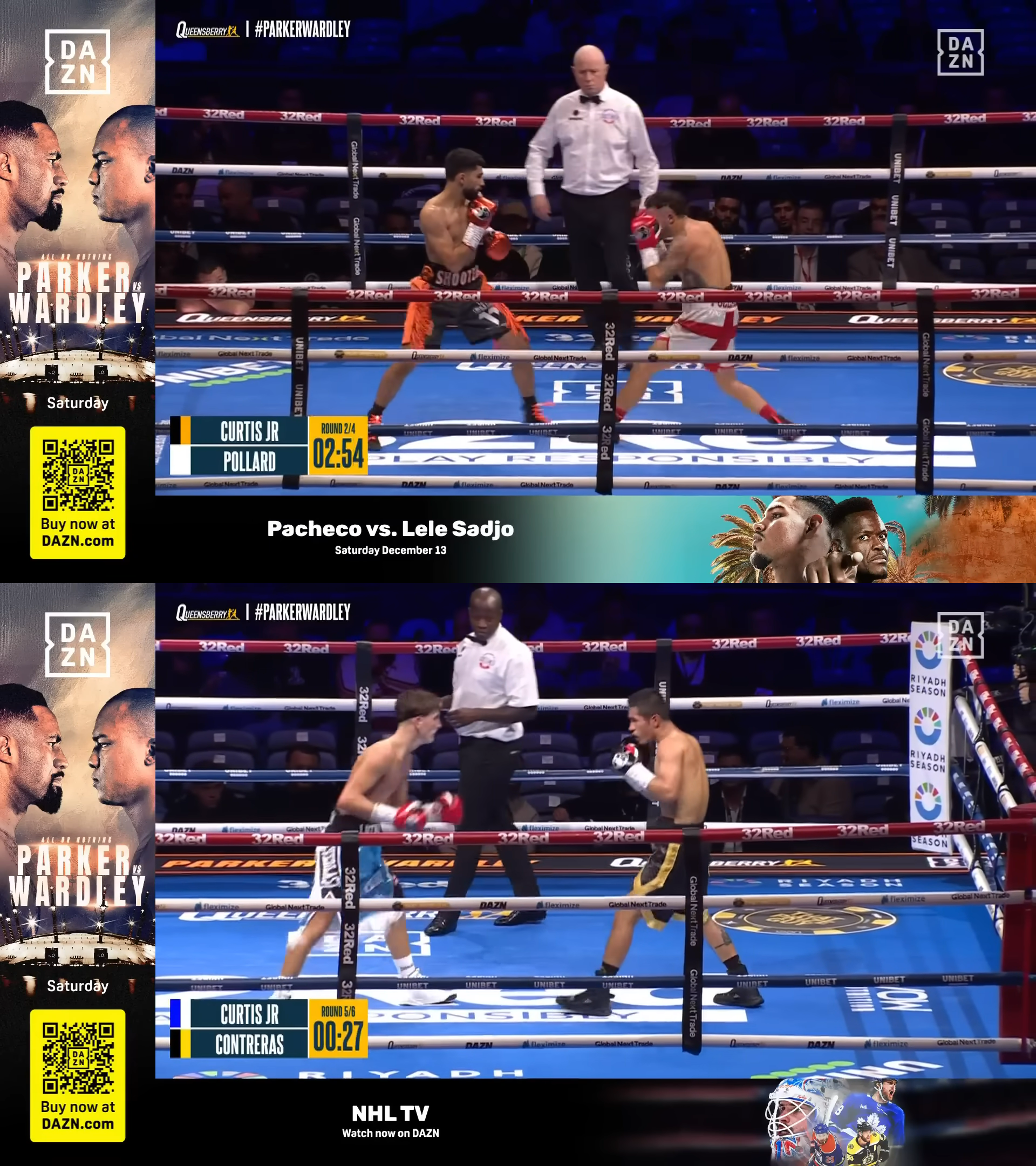 Screenshots of the Parker-Wardley prelims. They forgot to change the name of Curtis Jr. for the following fight. They also said Polland was wearing white trunks rather than white with red.