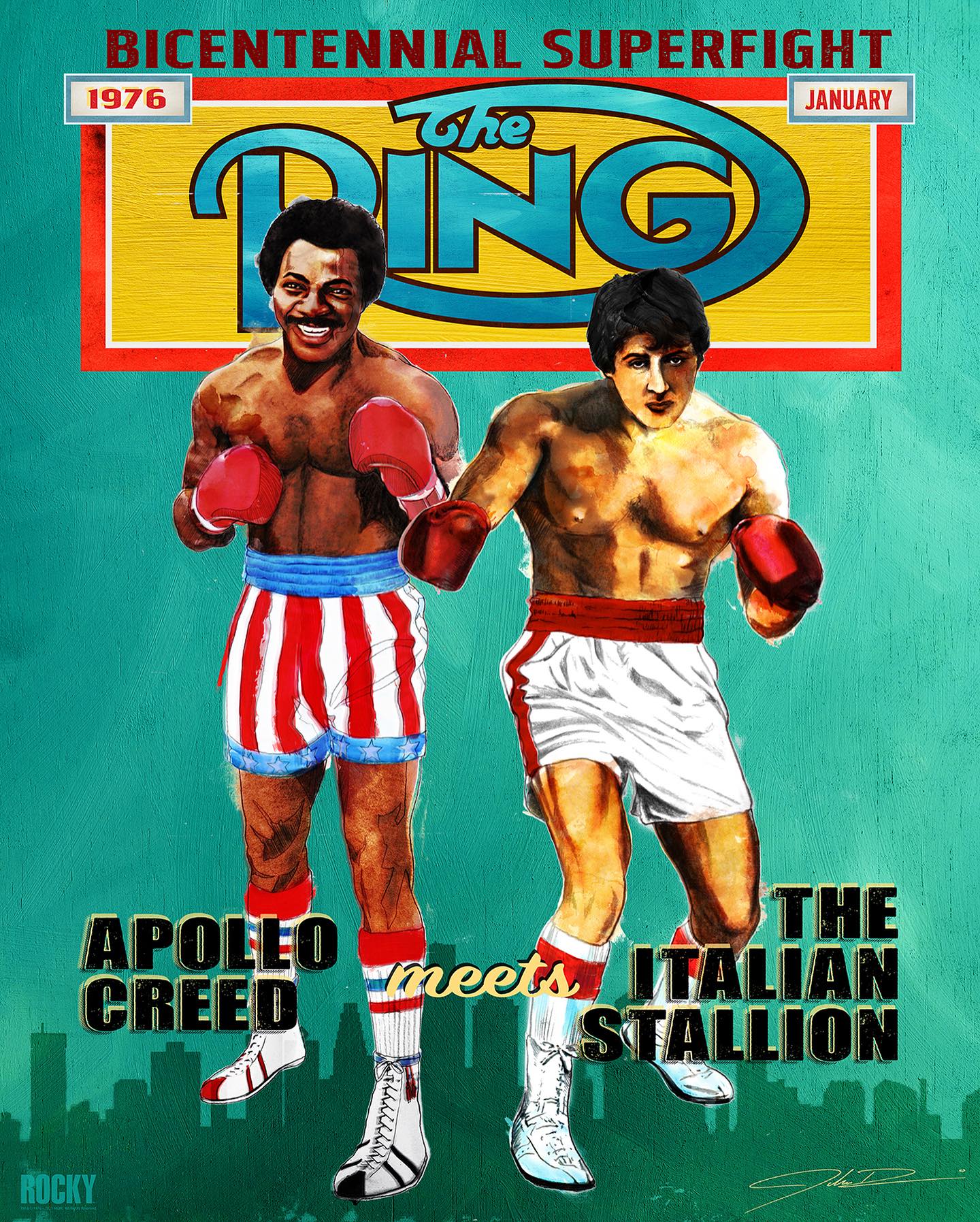 A faux Ring Magazine cover for the fictional "Bicentennial Superfight", "Apollo Creed meets The Italian Stallion" dated January 1976