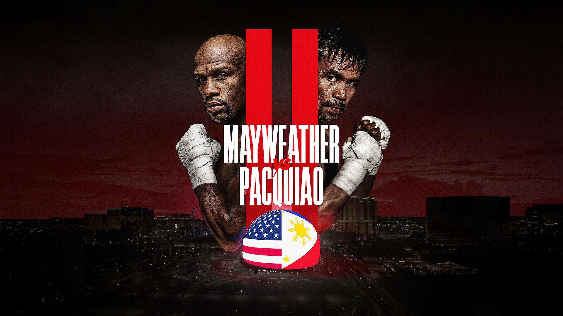 Mayweather-Pacquiao II poster, the Las Vegas Orb is half the US flag and half the Filipo flag