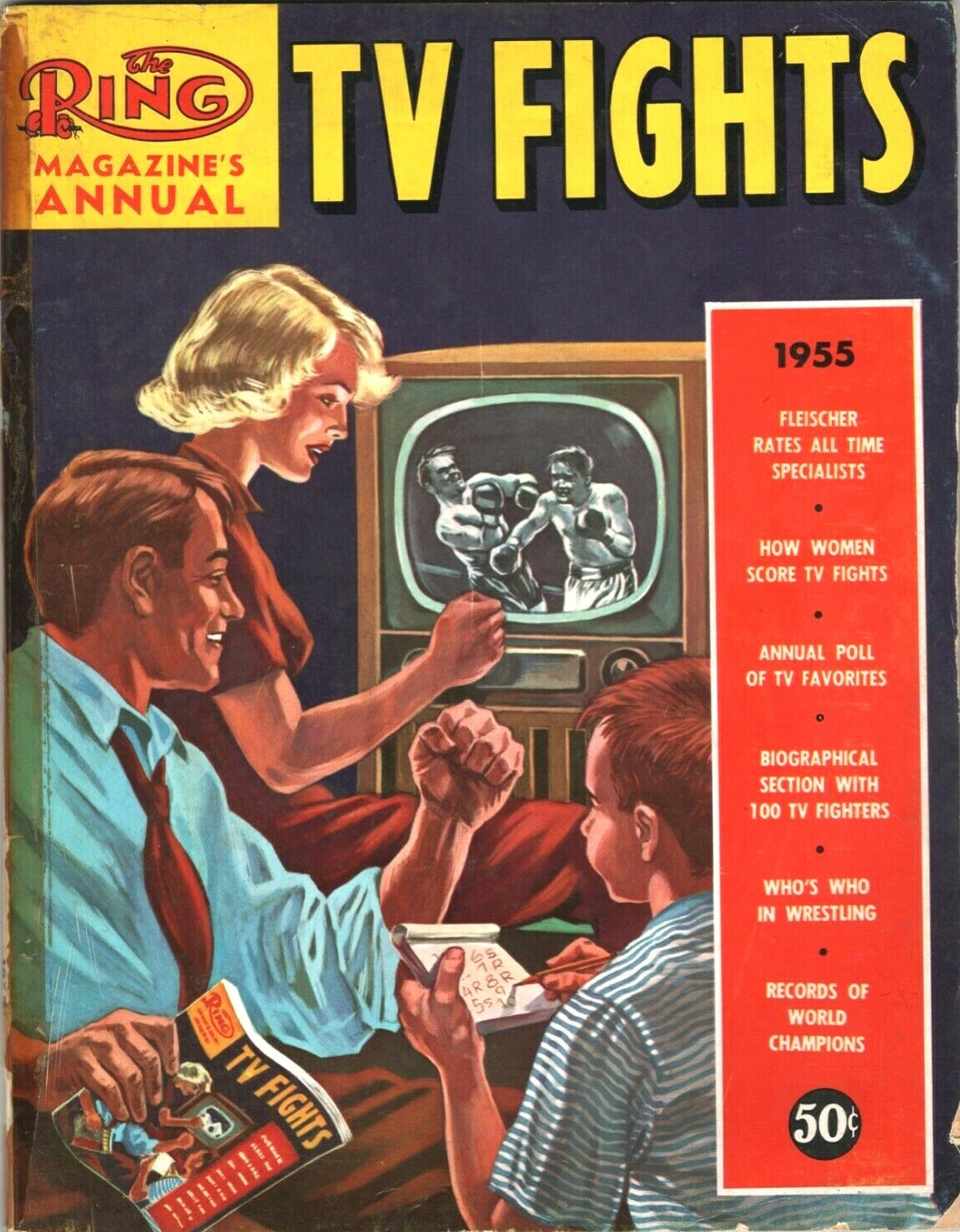 Ring TV Fights Annual 1955 cover with a family watching TV