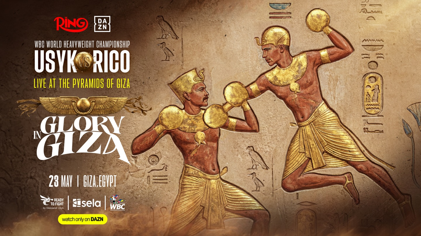 A poster of Usyk and Rico Verhoeven in fake Egyptian style and garb